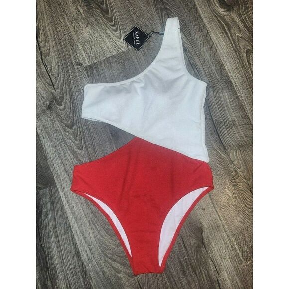 ZAFUL Ribbed 2-Tone Block One Shoulder One Piece Swimsuit Women's Size 8 - Picture 1 of 3